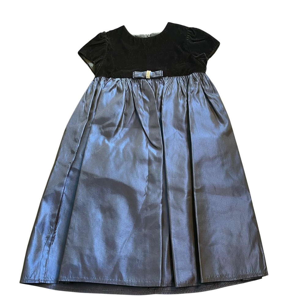 Jessica McClintock Girls 6 Velvet Metallic Blue Taffeta Party Dress Vintage USA